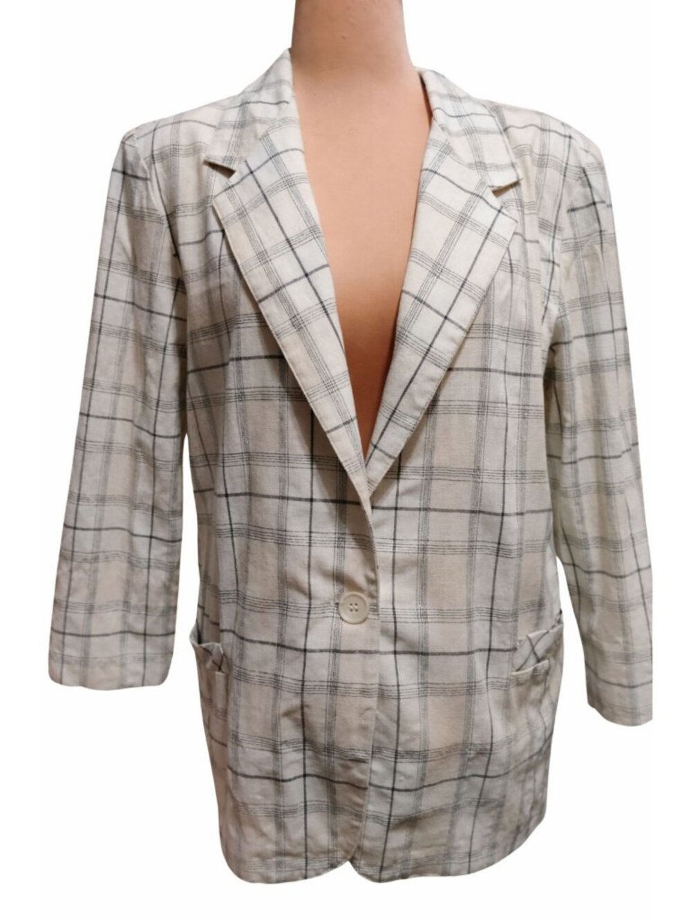 Vintage Plaid Blazer Size 14 Linen Cotton USA Union Made Jacket Classic Fit Chic